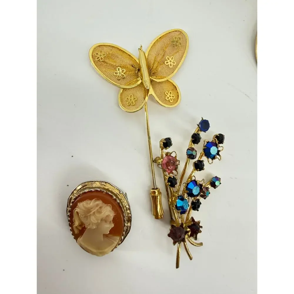 Vintage Brooch Lot 10 Rhinestone Floral Cameo Butterfly Gold Costume Jewelry